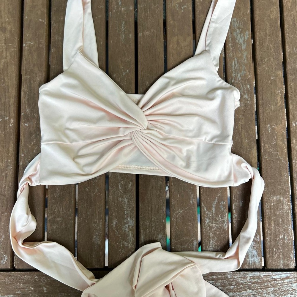 Halter Neck Tie Bra Crop Top Strappy Wrap Twist Front Beige Medium